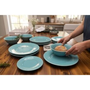 Primagera Dinnerware Set 9pc Blue Like New Handcrafted Portugal Beaded Rim